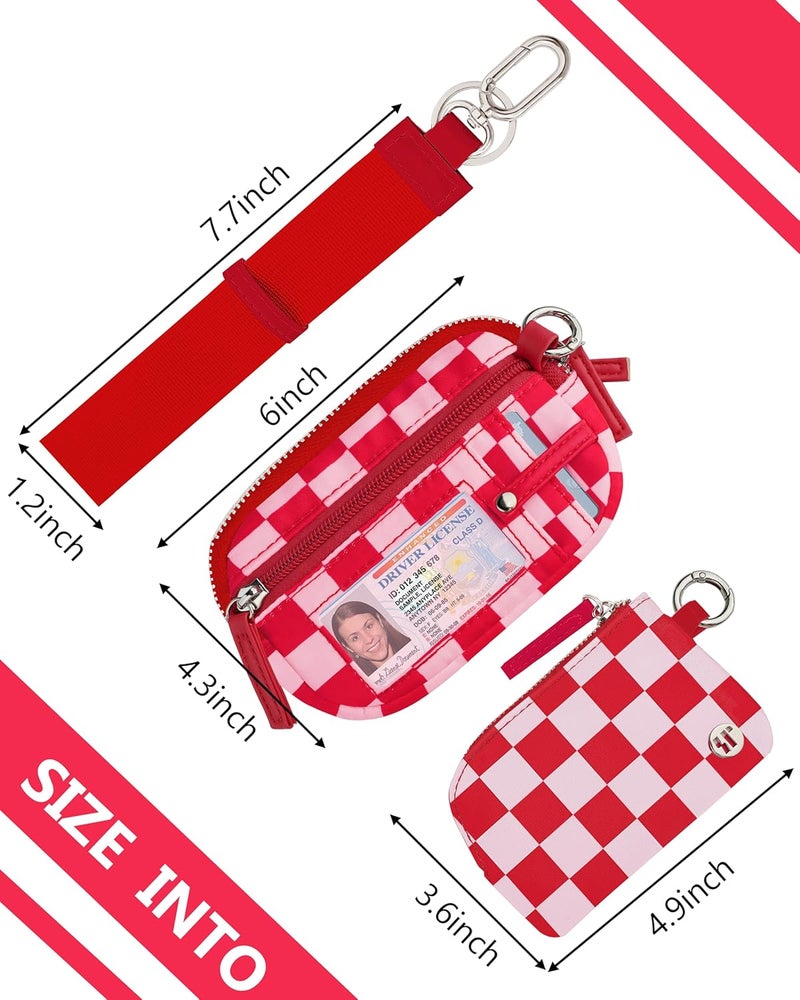 Sunpour Store Nylon Wallet Wristlet for Women,RFID Wallet Keychain Women,Small Wallets Woman with Wristlet,Coin Purse & Wrist Strap for Travel (Checkered pink) - Image 2